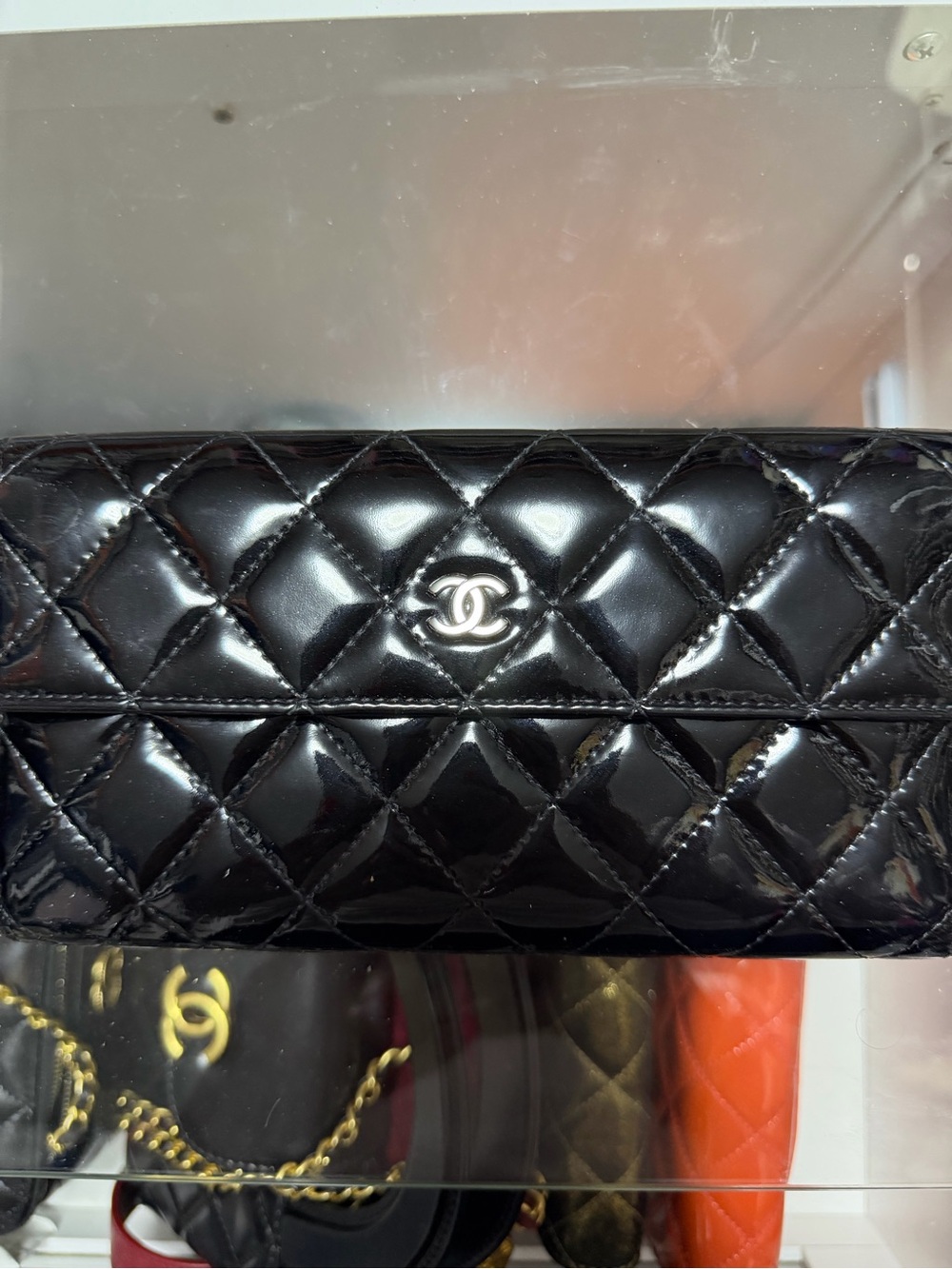 CHANEL Black Quilted Patent Leather Shoulder Wallet with Silver CC